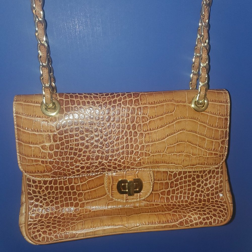 Carbotti Italian Brown Leather Purse Gold Chains Calfskin Croc Embossed Pattern